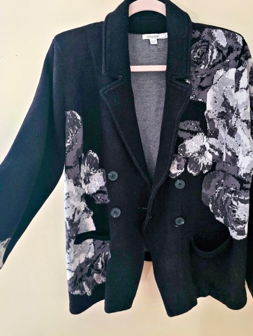 Chico's Black Floral Jacquard Knit Double Breasted Cardigan Blazer Jacket 3XL/16